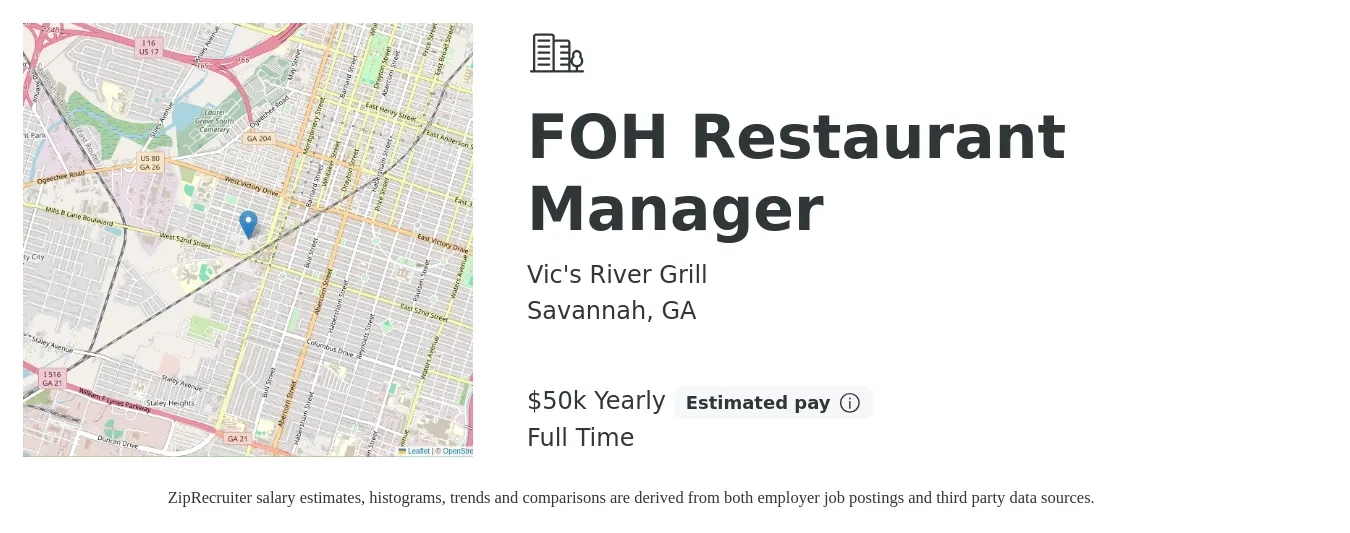 Vic's River Grill job posting for a FOH Restaurant Manager in Savannah, GA with a salary of $50,000 Yearly with a map of Savannah location.