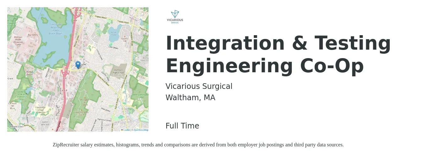 Vicarious Surgical job posting for a Integration & Testing Engineering Co-Op in Waltham, MA with a salary of $18 to $24 Hourly with a map of Waltham location.