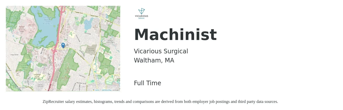 Vicarious Surgical job posting for a Machinist in Waltham, MA with a salary of $24 to $32 Hourly with a map of Waltham location.