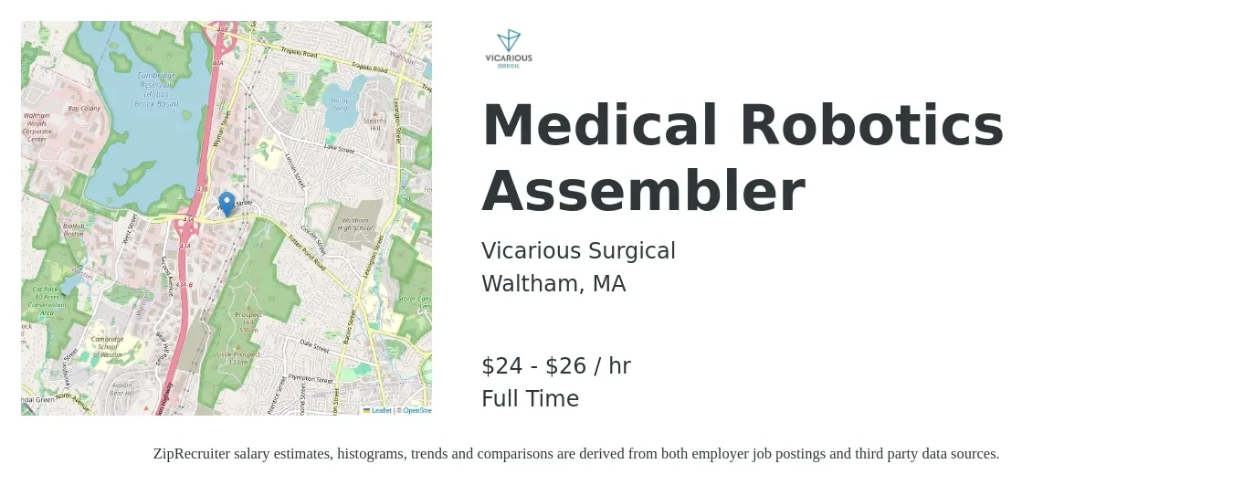 Vicarious Surgical job posting for a Medical Robotics Assembler in Waltham, MA with a salary of $25 to $28 Hourly with a map of Waltham location.