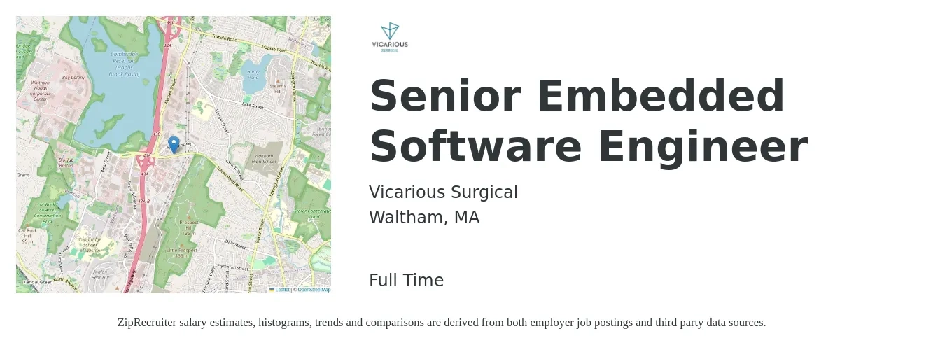 Vicarious Surgical job posting for a Senior Embedded Software Engineer in Waltham, MA with a salary of $133,800 to $175,300 Yearly with a map of Waltham location.