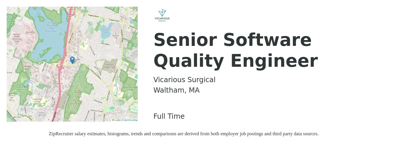 Vicarious Surgical job posting for a Senior Software Quality Engineer in Waltham, MA with a salary of $110,000 to $148,300 Yearly with a map of Waltham location.