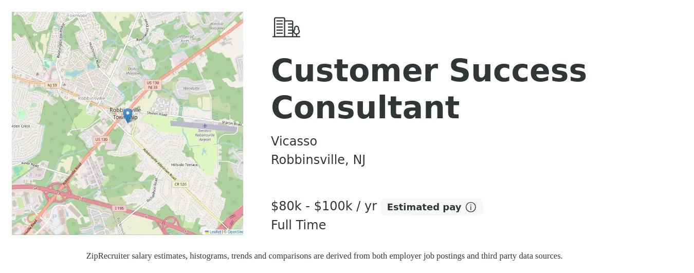 Vicasso job posting for a Customer Success Consultant in Robbinsville, NJ with a salary of $80,000 to $100,000 Yearly with a map of Robbinsville location.