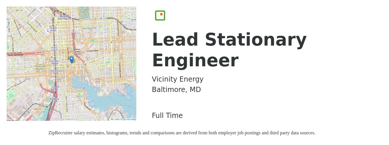 Vicinity Energy job posting for a Lead Stationary Engineer in Baltimore, MD with a salary of $159,000 to $165,900 Yearly and benefits including retirement, vision, dental, life_insurance, and medical with a map of Baltimore location.