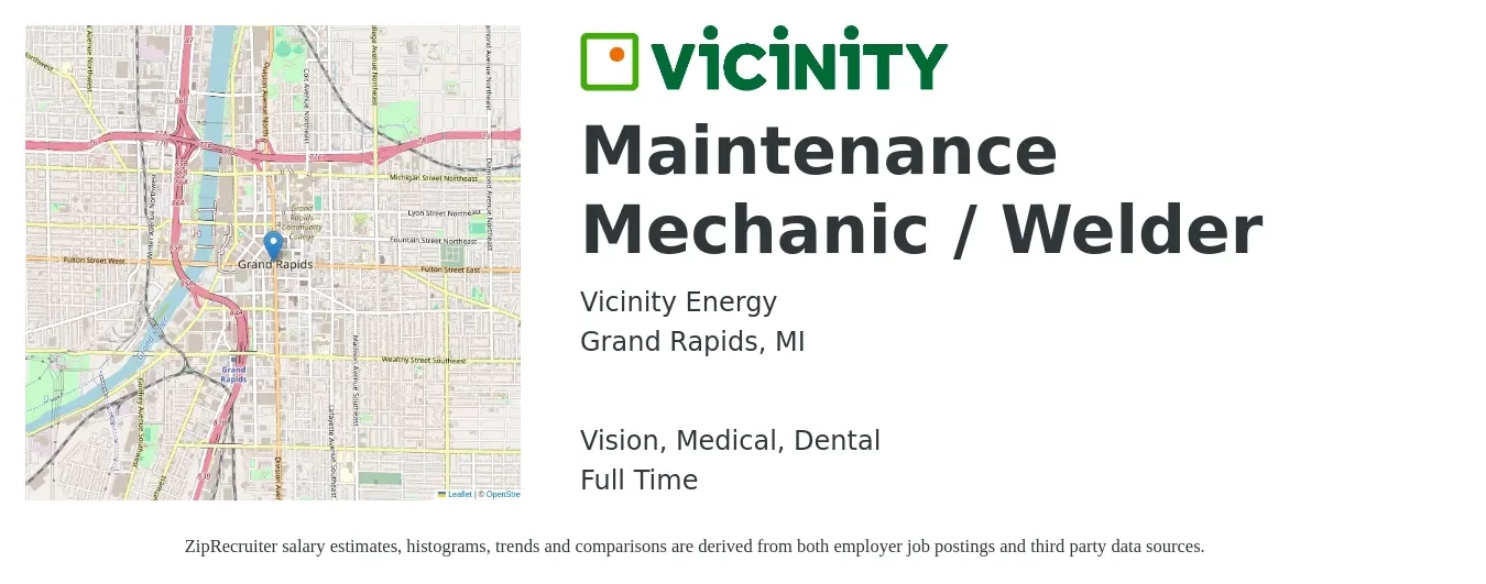 Vicinity Energy job posting for a Maintenance Mechanic / Welder in Grand Rapids, MI with a salary of $24 to $31 Hourly and benefits including retirement, vision, dental, life_insurance, and medical with a map of Grand Rapids location.