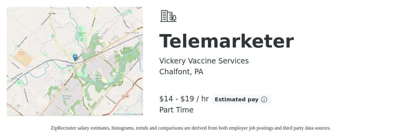 Vickery Vaccine Services job posting for a Telemarketer in Chalfont, PA with a salary of $15 to $20 Hourly with a map of Chalfont location.