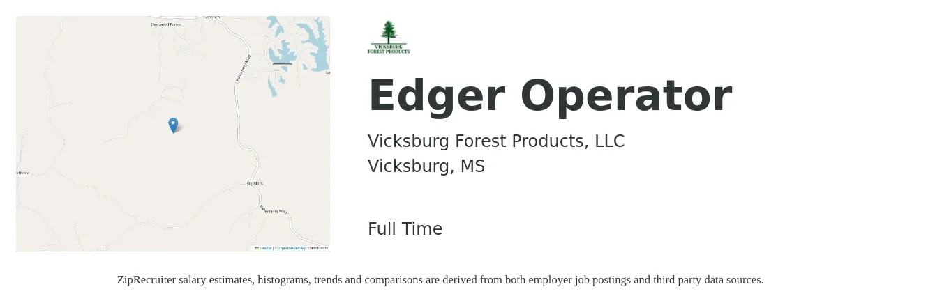 Vicksburg Forest Products, LLC job posting for a Edger Operator in Vicksburg, MS with a salary of $17 to $22 Hourly with a map of Vicksburg location.