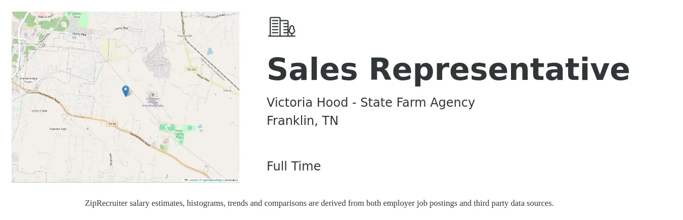 Victoria Hood - State Farm Agency job posting for a Sales Representative in Franklin, TN with a salary of $51,600 to $89,700 Yearly with a map of Franklin location.
