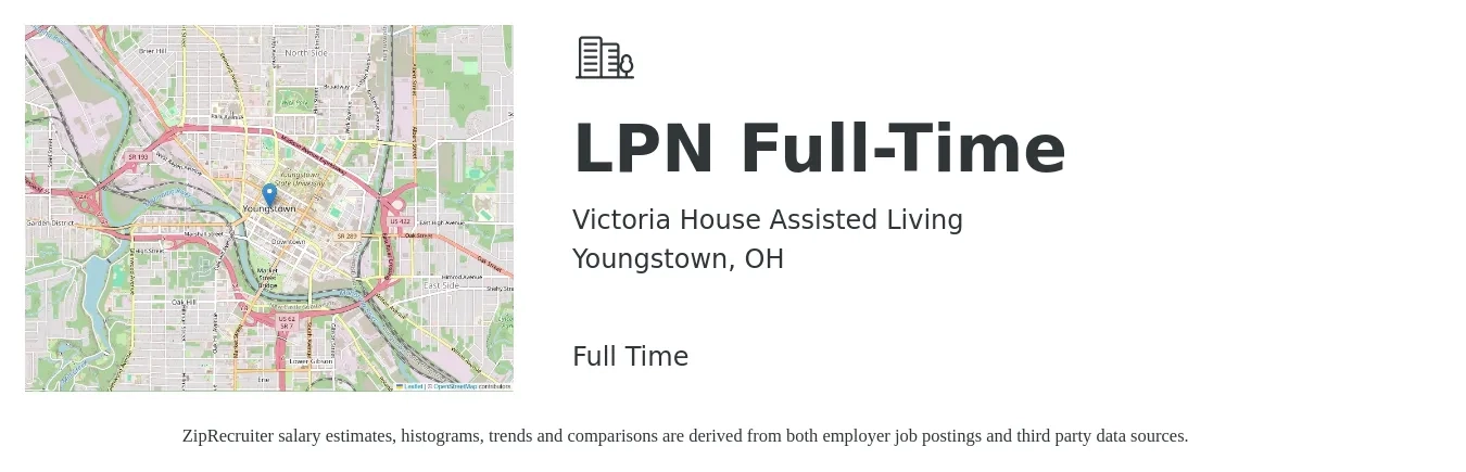 Victoria House Assisted Living job posting for a LPN Full-Time in Youngstown, OH with a salary of $24 to $33 Hourly with a map of Youngstown location.
