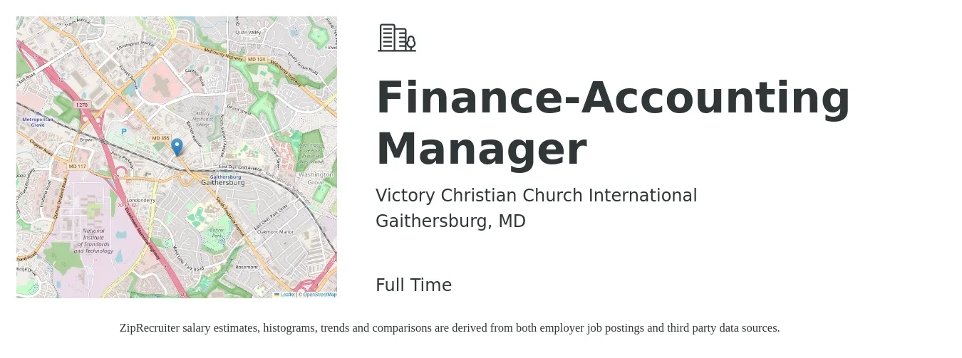 Victory Christian Church International job posting for a Finance-Accounting Manager in Gaithersburg, MD with a salary of $84,300 to $121,000 Yearly with a map of Gaithersburg location.