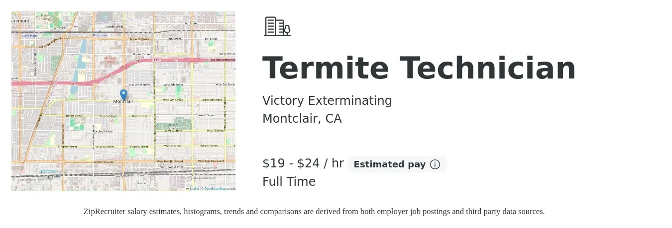 Victory Exterminating job posting for a Termite Technician in Montclair, CA with a salary of $20 to $25 Hourly (plus commission) with a map of Montclair location.