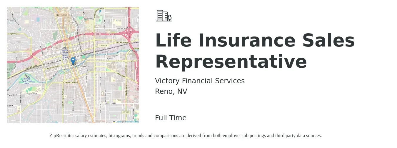 Victory Financial Services job posting for a Life Insurance Sales Representative in Reno, NV with a salary of $2,000 to $8,000 Monthly with a map of Reno location.
