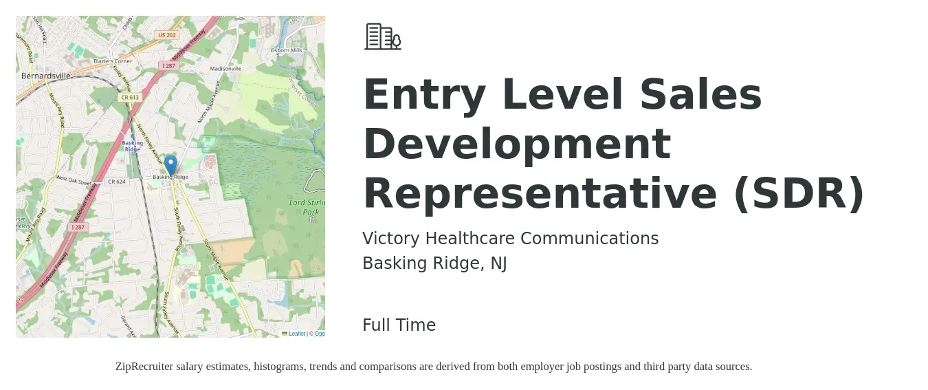 Victory Healthcare Communications job posting for a Entry Level Sales Development Representative (SDR) in Basking Ridge, NJ with a salary of $43,300 to $62,900 Yearly with a map of Basking Ridge location.