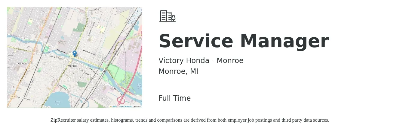 Victory Honda - Monroe job posting for a Service Manager in Monroe, MI with a salary of $48,100 to $74,500 Yearly with a map of Monroe location.