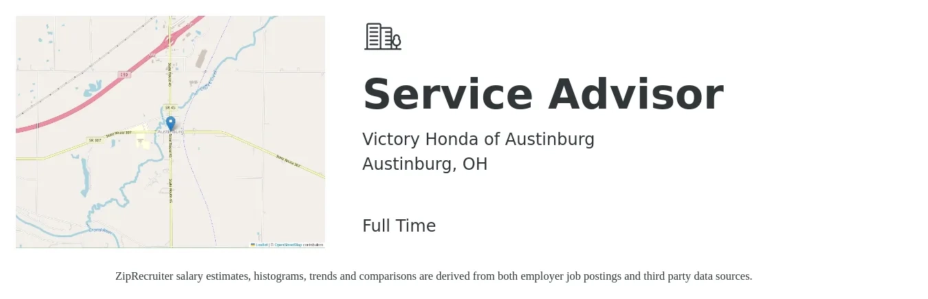 Victory Honda of Austinburg job posting for a Service Advisor in Austinburg, OH with a salary of $17 to $28 Hourly with a map of Austinburg location.