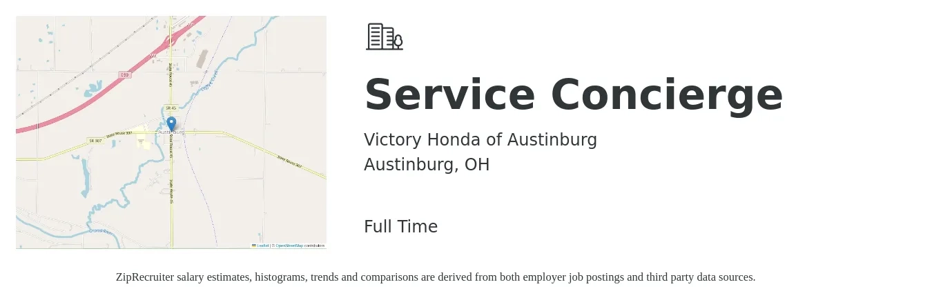 Victory Honda of Austinburg job posting for a Service Concierge in Austinburg, OH with a salary of $14 to $18 Hourly with a map of Austinburg location.