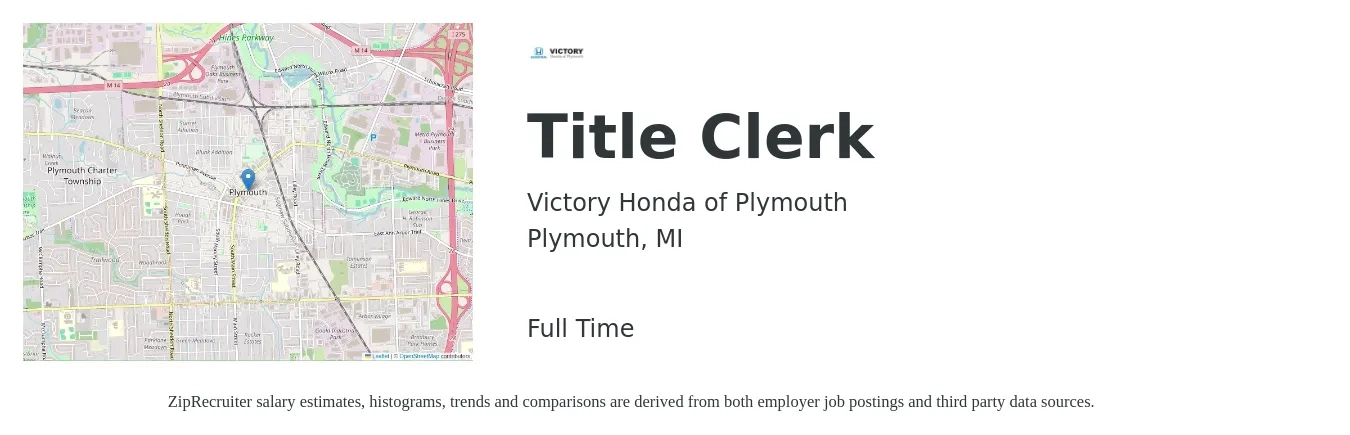Victory Honda of Plymouth job posting for a Title Clerk in Plymouth, MI with a salary of $16 to $20 Hourly with a map of Plymouth location.