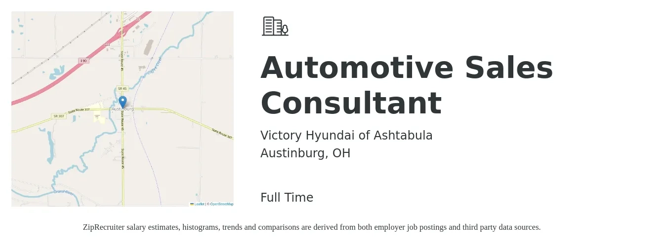 Victory Hyundai of Ashtabula job posting for a Automotive Sales Consultant in Austinburg, OH with a salary of $36,600 to $71,400 Yearly with a map of Austinburg location.