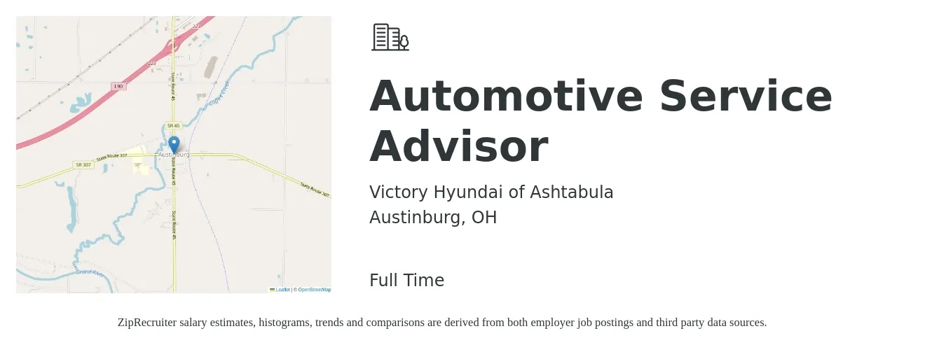 Victory Hyundai of Ashtabula job posting for a Automotive Service Advisor in Austinburg, OH with a salary of $17 to $28 Hourly with a map of Austinburg location.