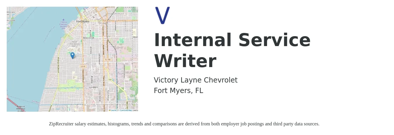 Victory Layne Chevrolet job posting for a Internal Service Writer in Fort Myers, FL with a salary of $18 to $27 Hourly with a map of Fort Myers location.