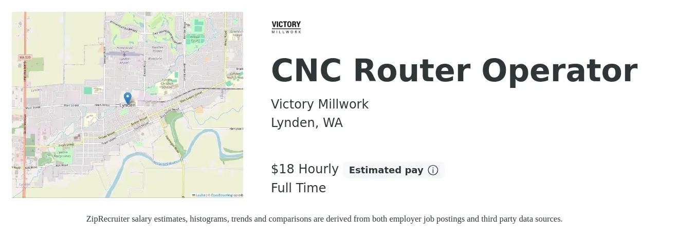 Victory Millwork job posting for a CNC Router Operator in Lynden, WA with a salary of $19 Hourly with a map of Lynden location.