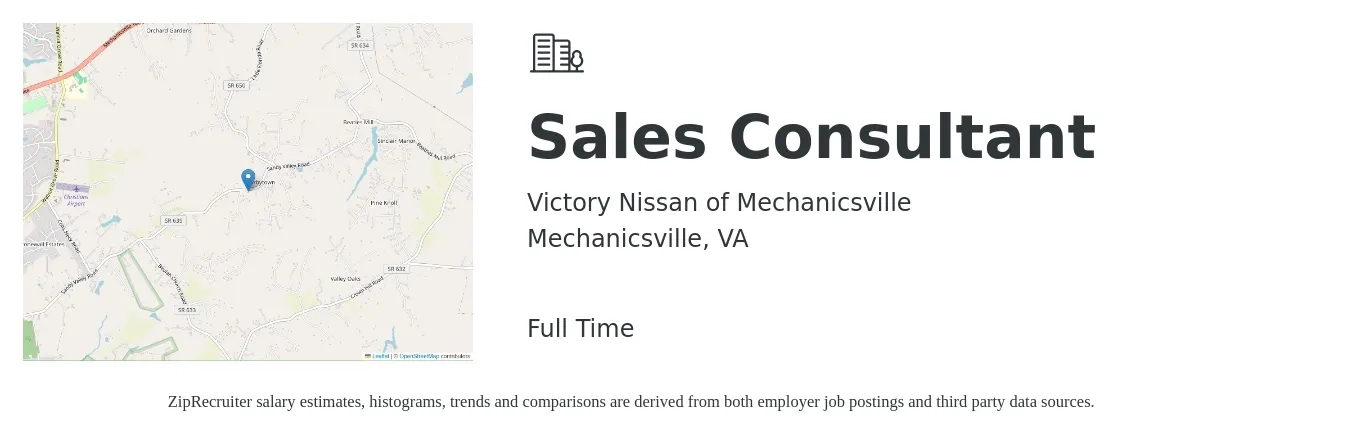 Victory Nissan of Mechanicsville job posting for a Sales Consultant in Mechanicsville, VA with a salary of $36,100 to $70,900 Yearly with a map of Mechanicsville location.