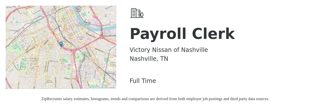 Victory Nissan of Nashville job posting for a Payroll Clerk in Nashville, TN with a salary of $19 to $25 Hourly with a map of Nashville location.