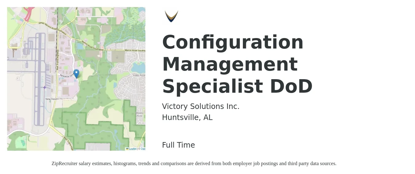 Victory Solutions Inc. job posting for a Configuration Management Specialist DoD in Huntsville, AL with a salary of $54,200 to $87,200 Yearly with a map of Huntsville location.