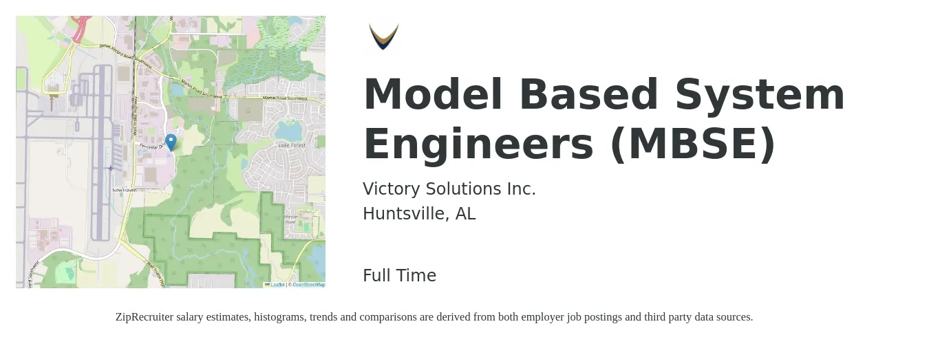 Victory Solutions Inc. job posting for a Model Based System Engineers (MBSE) in Huntsville, AL with a salary of $91,300 to $146,300 Yearly with a map of Huntsville location.