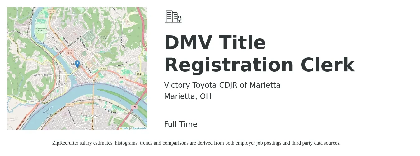 Victory Toyota CDJR of Marietta job posting for a DMV Title Registration Clerk in Marietta, OH with a salary of $13 to $16 Hourly with a map of Marietta location.