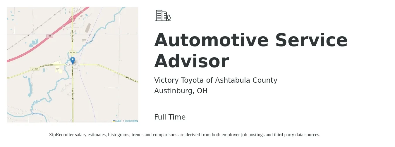 Victory Toyota of Ashtabula County job posting for a Automotive Service Advisor in Austinburg, OH with a salary of $17 to $28 Hourly with a map of Austinburg location.