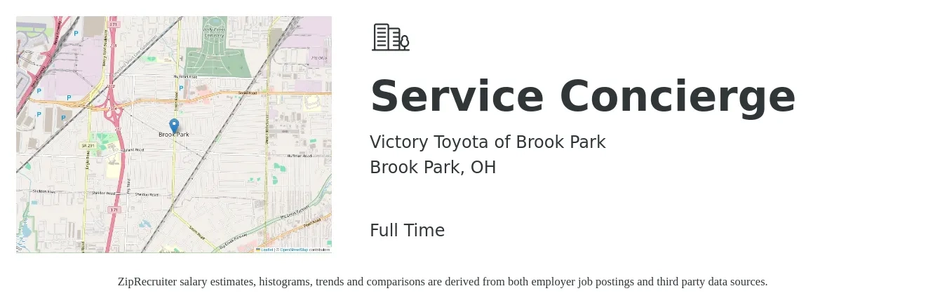 Victory Toyota of Brook Park job posting for a Service Concierge in Brook Park, OH with a salary of $14 to $19 Hourly with a map of Brook Park location.
