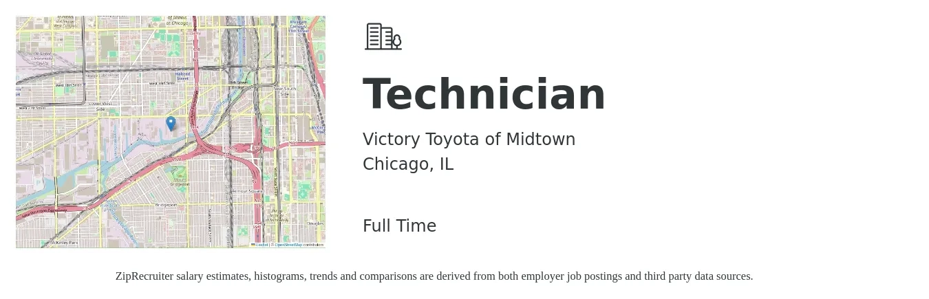 Victory Toyota of Midtown job posting for a Technician in Chicago, IL with a salary of $42,900 to $64,400 Yearly with a map of Chicago location.