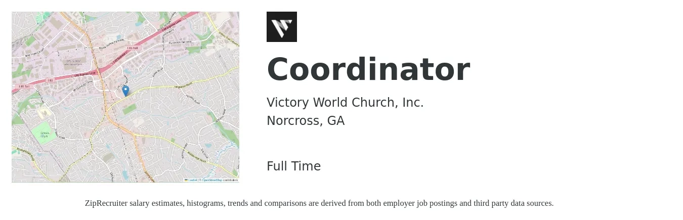 Victory World Church, Inc. job posting for a Coordinator in Norcross, GA with a salary of $18 to $24 Hourly with a map of Norcross location.