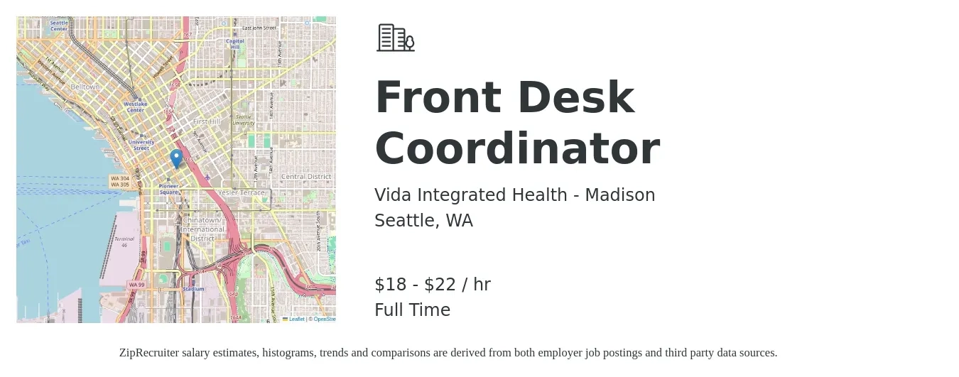 Vida Integrated Health - Madison job posting for a Front Desk Coordinator in Seattle, WA with a salary of $19 to $23 Hourly with a map of Seattle location.