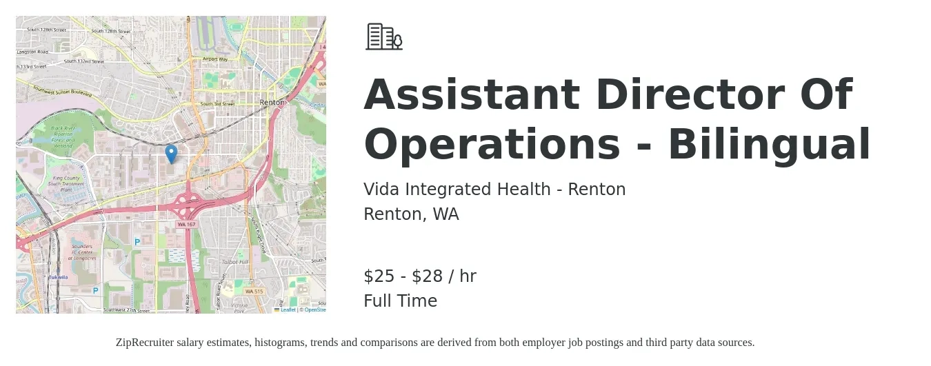 Vida Integrated Health - Renton job posting for a Assistant Director Of Operations - Bilingual in Renton, WA with a salary of $26 to $30 Hourly with a map of Renton location.