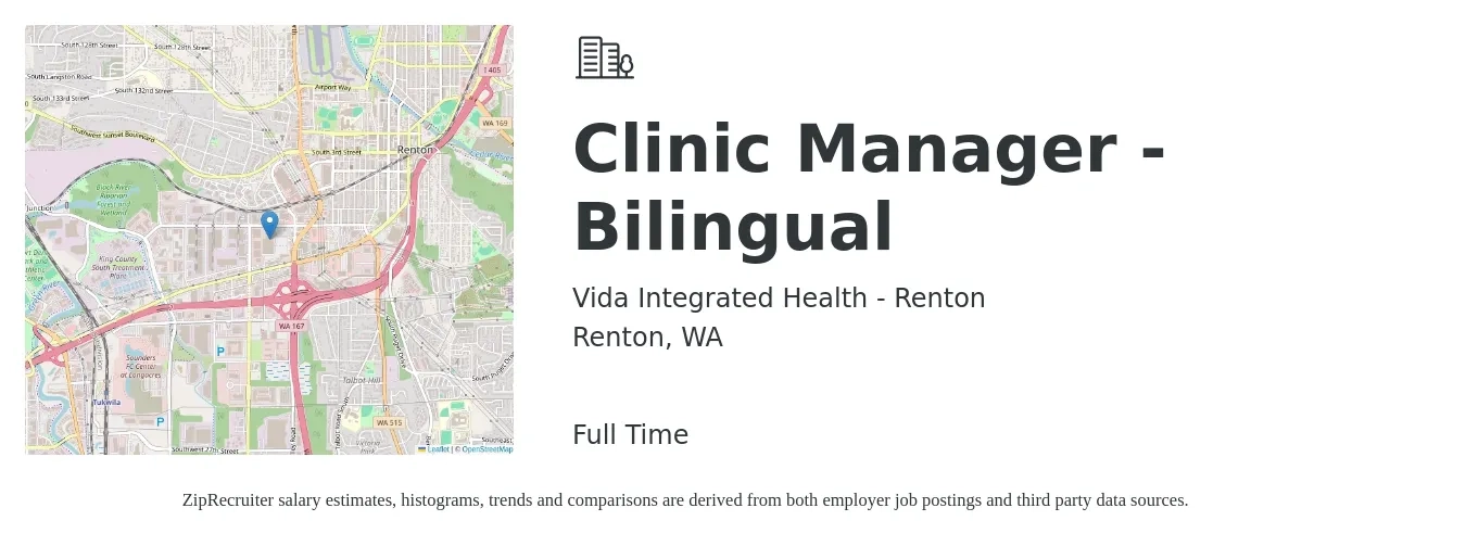Vida Integrated Health - Renton job posting for a Clinic Manager - Bilingual in Renton, WA with a salary of $65,000 to $75,000 Yearly with a map of Renton location.