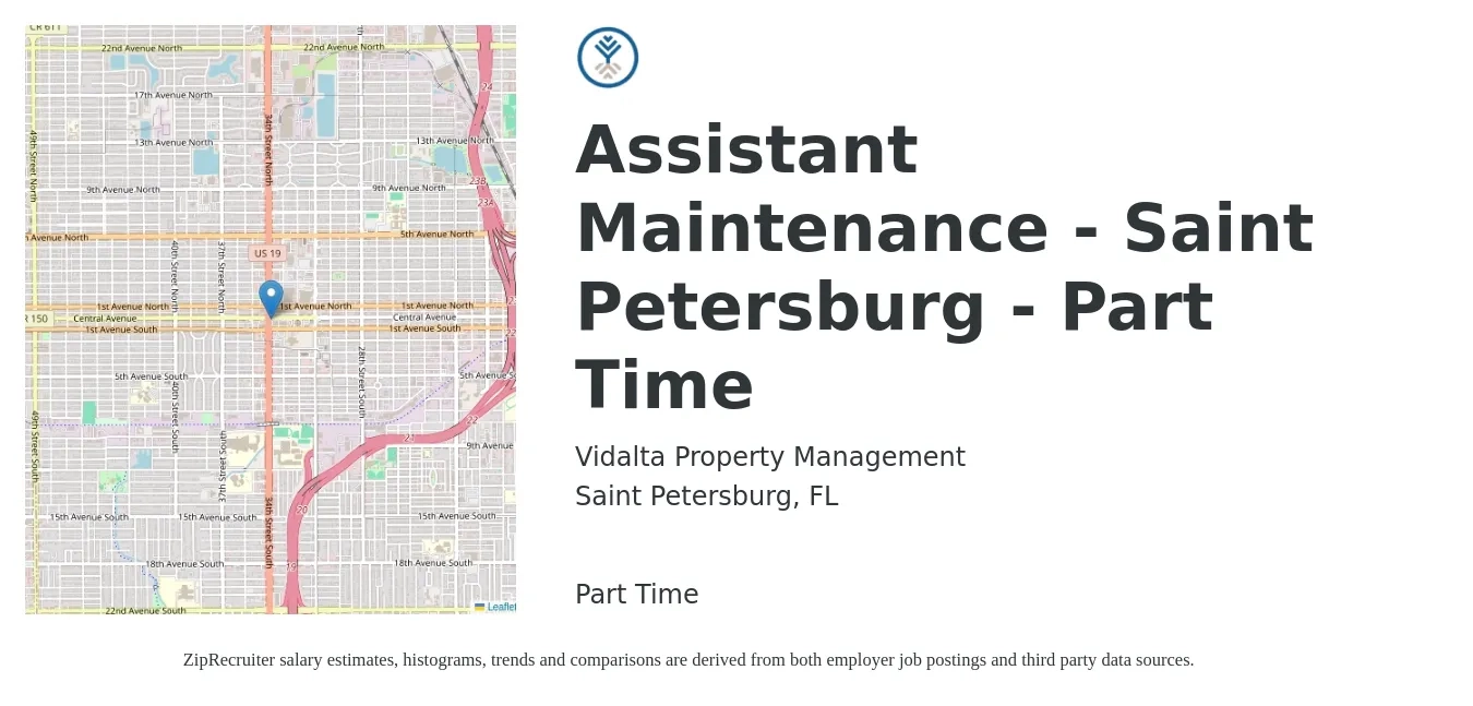 Vidalta Property Management job posting for a Assistant Maintenance - Saint Petersburg - Part Time in Saint Petersburg, FL with a salary of $15 to $19 Hourly with a map of Saint Petersburg location.