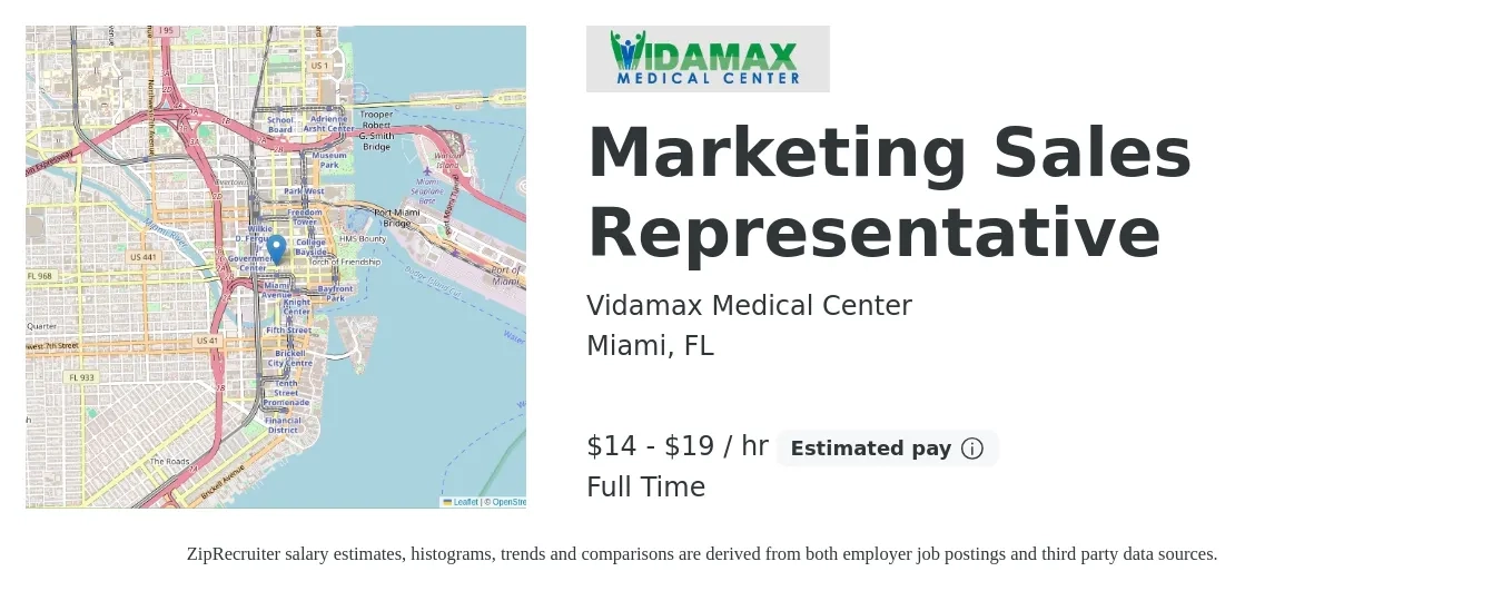 Vidamax Medical Center job posting for a Marketing Sales Representative in Miami, FL with a salary of $15 to $20 Hourly (plus commission) and benefits including pto with a map of Miami location.