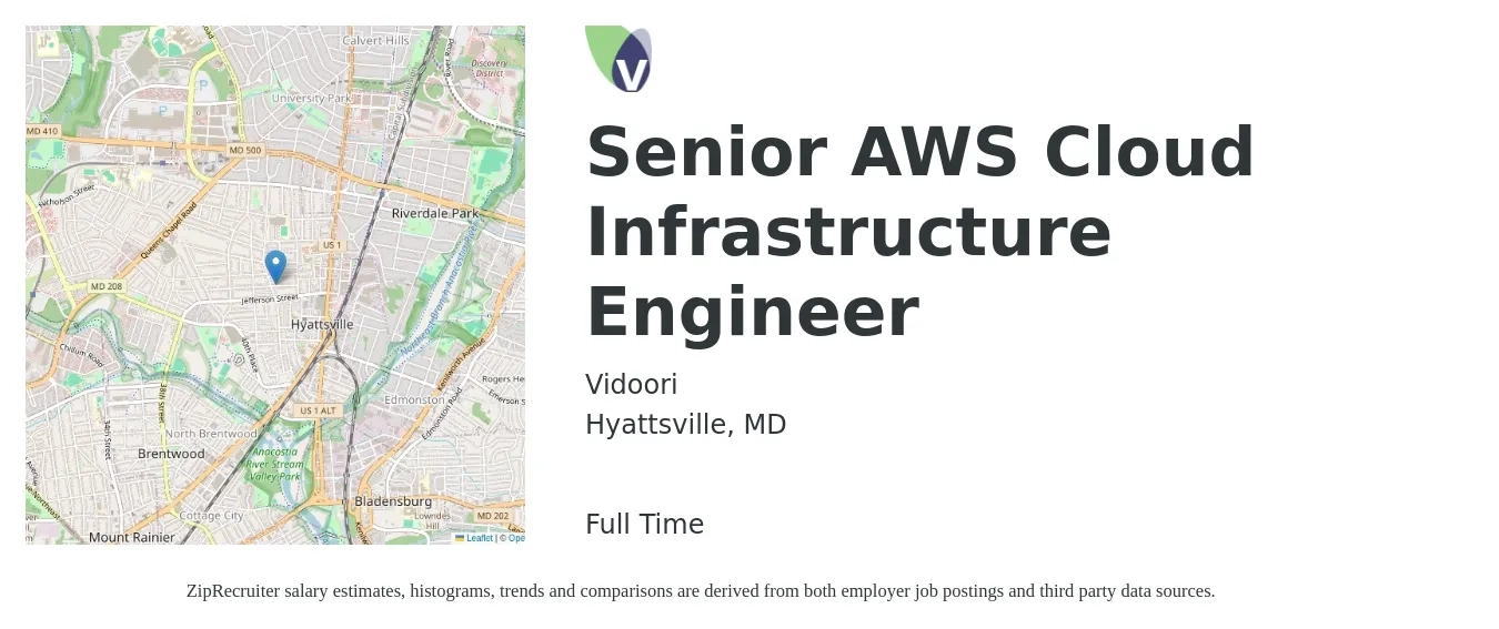 Vidoori job posting for a Senior AWS Cloud Infrastructure Engineer in Hyattsville, MD with a salary of $108,800 to $147,900 Yearly with a map of Hyattsville location.