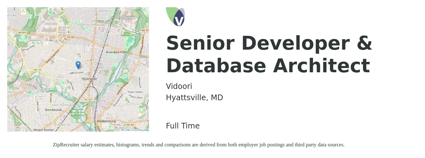 Vidoori job posting for a Senior Developer & Database Architect in Hyattsville, MD with a salary of $26 to $29 Hourly with a map of Hyattsville location.