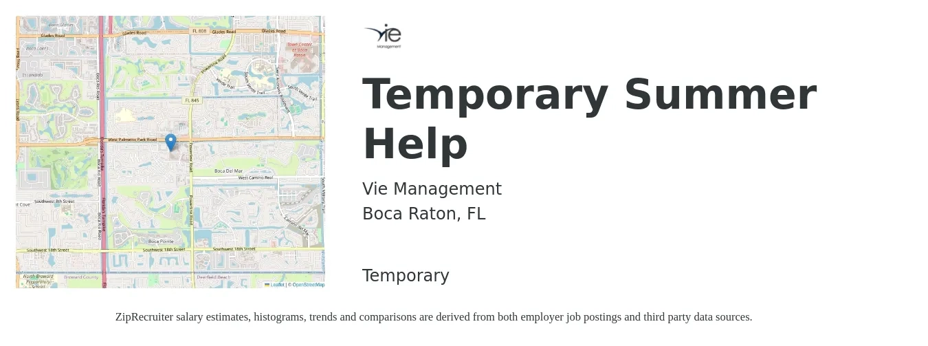 Vie Management job posting for a Temporary Summer Help in Boca Raton, FL with a salary of $16 to $23 Hourly with a map of Boca Raton location.