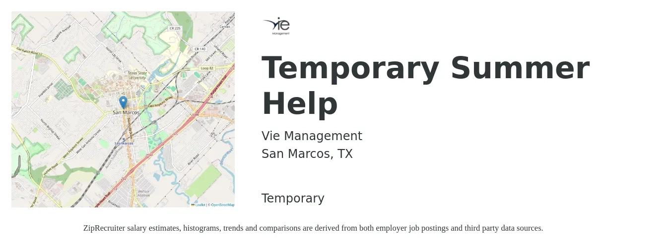 Vie Management job posting for a Temporary Summer Help in San Marcos, TX with a salary of $16 to $23 Hourly with a map of San Marcos location.