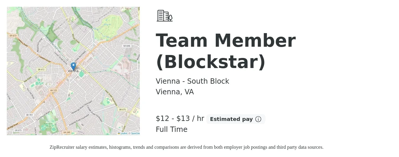 Vienna - South Block job posting for a Team Member (Blockstar) in Vienna, VA with a salary of $13 to $14 Hourly with a map of Vienna location.