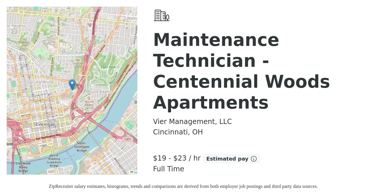 Vier Management, LLC job posting for a Maintenance Technician - Centennial Woods Apartments in Cincinnati, OH with a salary of $20 to $24 Hourly with a map of Cincinnati location.