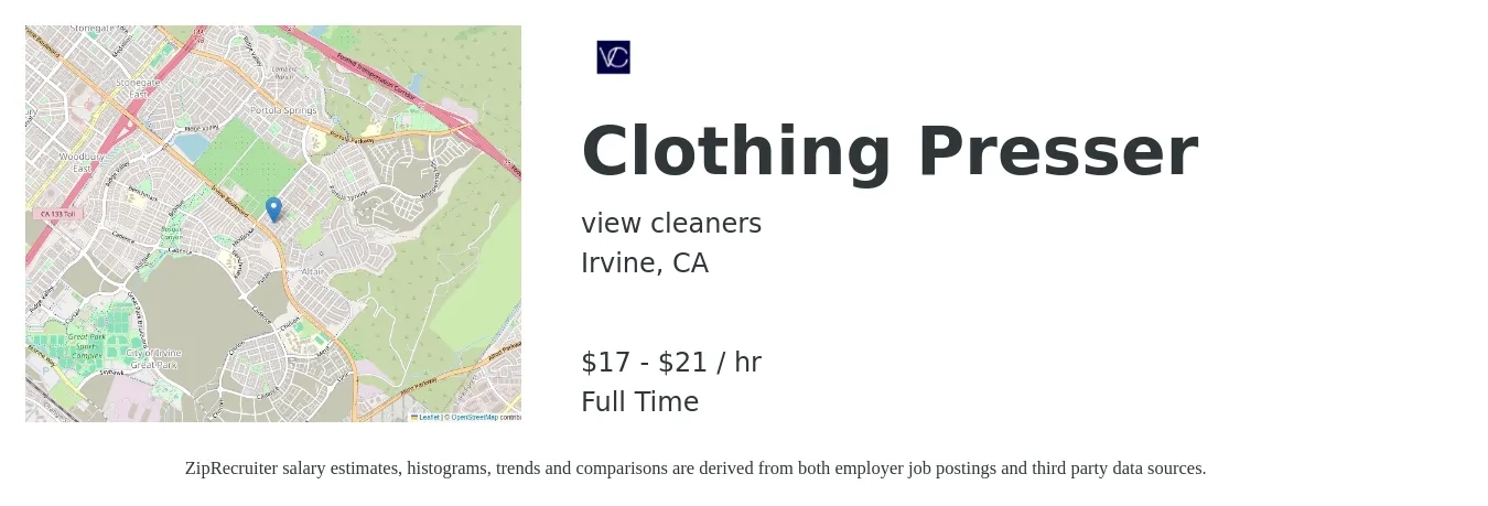 view cleaners job posting for a Clothing Presser in Irvine, CA with a salary of $17 to $19 Hourly with a map of Irvine location.