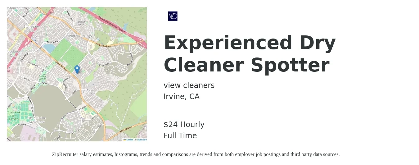 view cleaners job posting for a Experienced Dry Cleaner Spotter in Irvine, CA with a salary of $25 Hourly with a map of Irvine location.