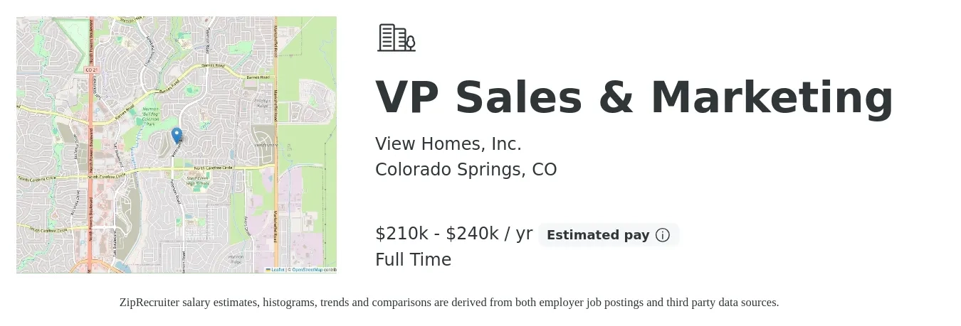 View Homes, Inc. job posting for a VP Sales & Marketing in Colorado Springs, CO with a salary of $210,000 to $240,000 Yearly with a map of Colorado Springs location.