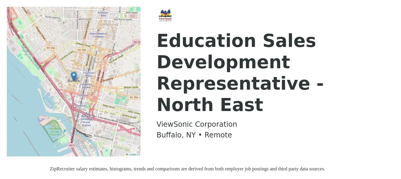 ViewSonic Corporation job posting for a Education Sales Development Representative - North East in Buffalo, NY with a salary of $40,700 to $59,100 Yearly with a map of Buffalo location.
