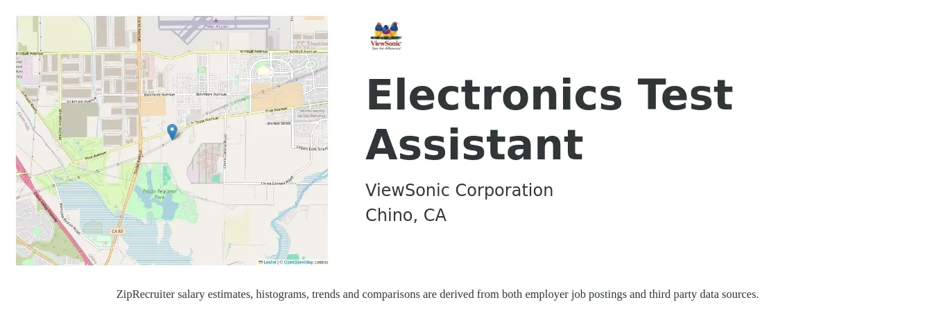 ViewSonic Corporation job posting for a Electronics Test Assistant in Chino, CA with a salary of $18 to $21 Hourly with a map of Chino location.